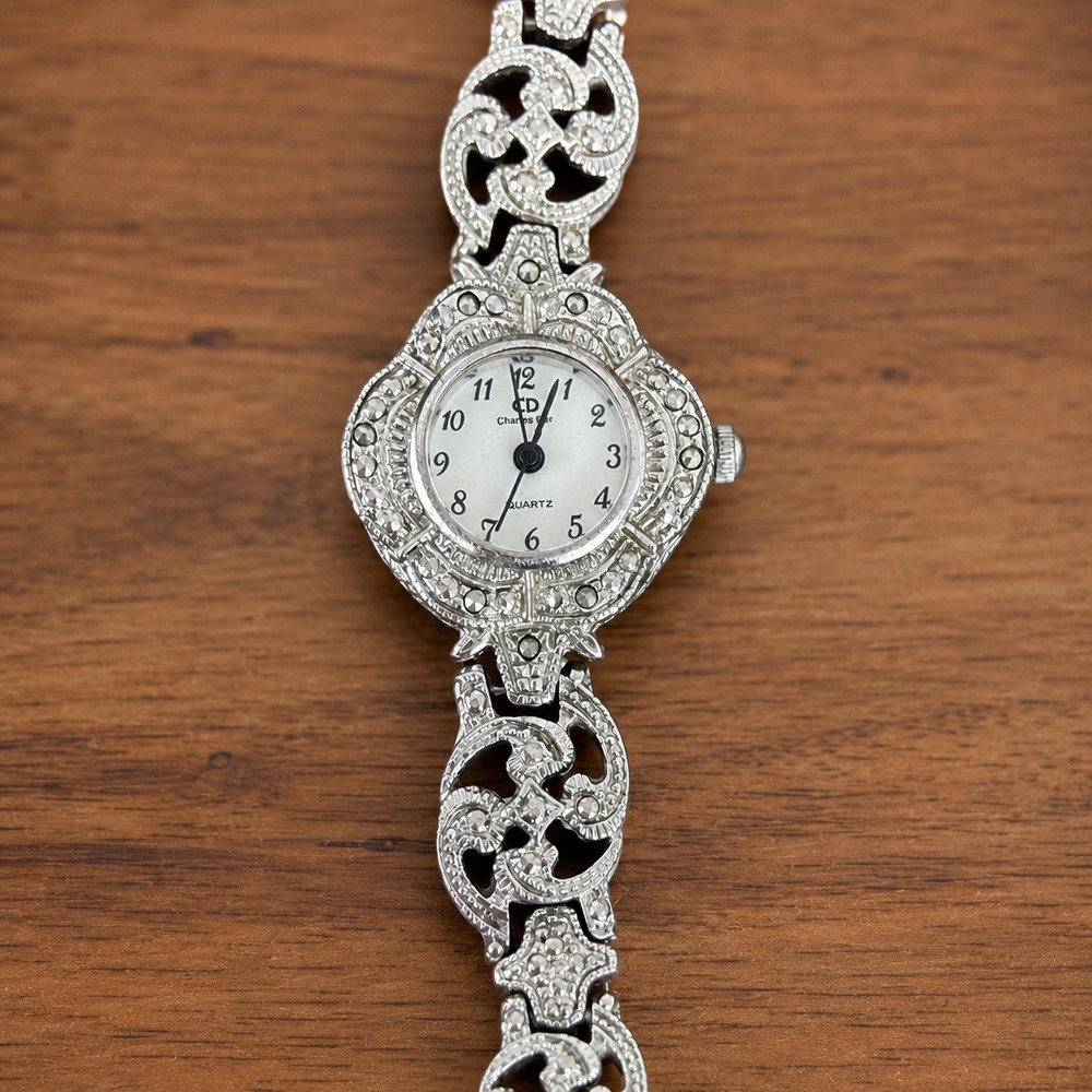 Vintage Charles Dior Marcasite Quartz Bracelet Watch Silver Tone Untested